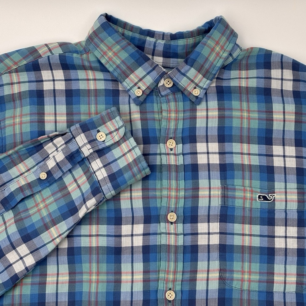 Vineyard Vines Shirt Mens L Blue Plaid Cotton Long Sleeve Slim Fit Tucker Button